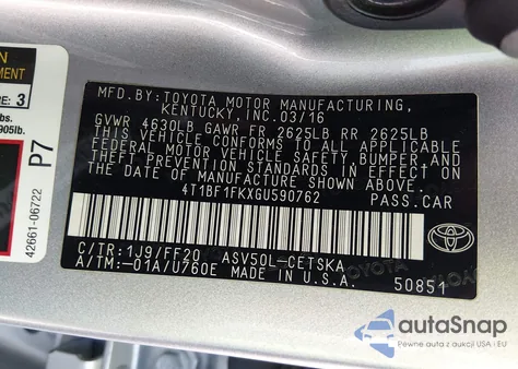 2016 Toyota Camry Se из США, поврежденный, VIN 4T1BF1FKXGU590762